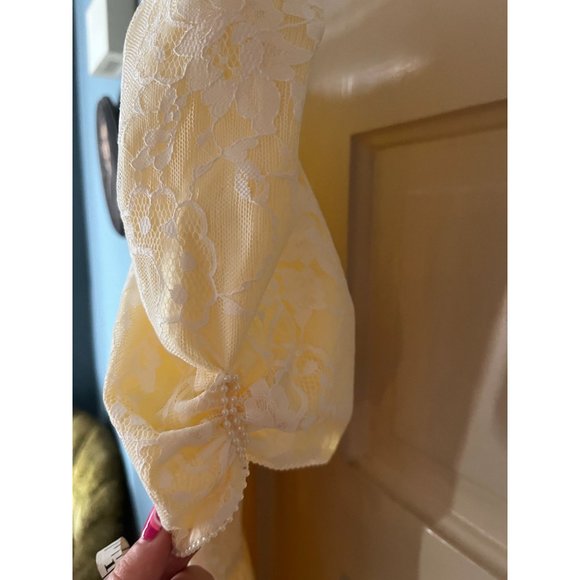 60s-70s Vintage Formal Yellow Beaded Bodice Midi Dress with Bow - Picture 12 of 12